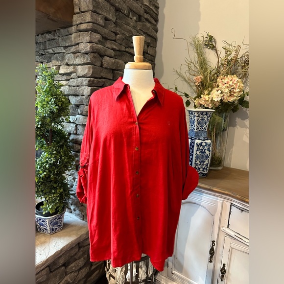 Lauren Ralph Lauren 100% Linen size 2XL ladies button down roll up sleeve shirt - Picture 1 of 6